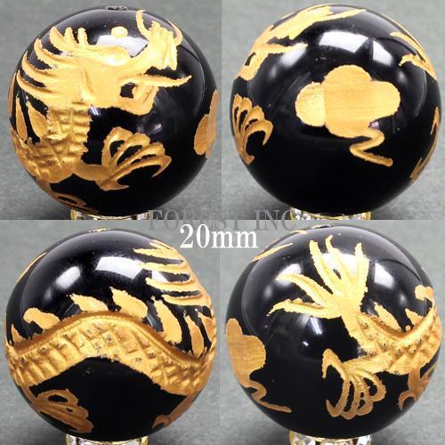 天然石 オニキス 金彫り 四神獣  ビーズ(青龍)【粒売り】約20mm 青龍 〔RYC21-20m〕