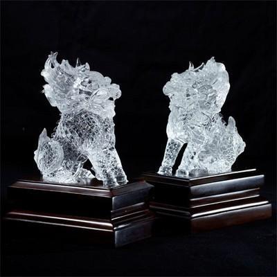 最高級 水晶 手彫り 麒麟 一対 彫刻置物 D3-34【メール便不可】