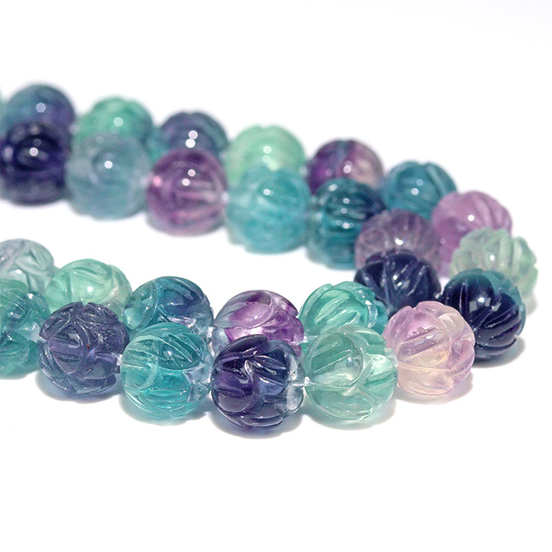 〔C1-193〕天然石 約10mm マルチカラー フローライト 蓮彫り 連材 1連売り 蛍石 Fluorite