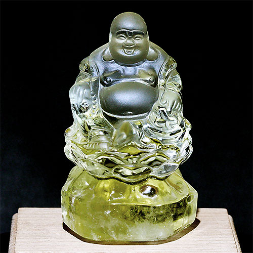 〔D433-10〕超透明 シトリン 布袋像 布袋様 布袋尊 彫刻 置物 台付き【メール便不可】