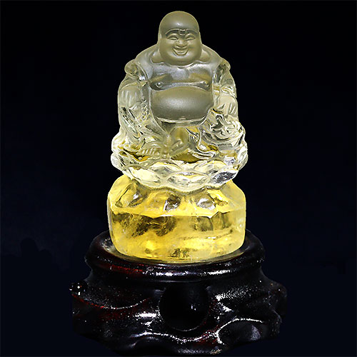 〔D433-12〕超透明 シトリン 布袋像 布袋様 布袋尊 彫刻 置物 台付き【メール便不可】