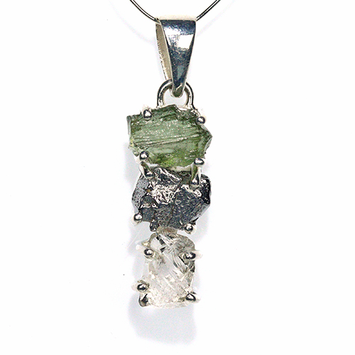 〔J367-14〕天然モルダバイト 鉄隕石 ハーキマーダイヤモンド sv925 ペンダントトップ meteorite