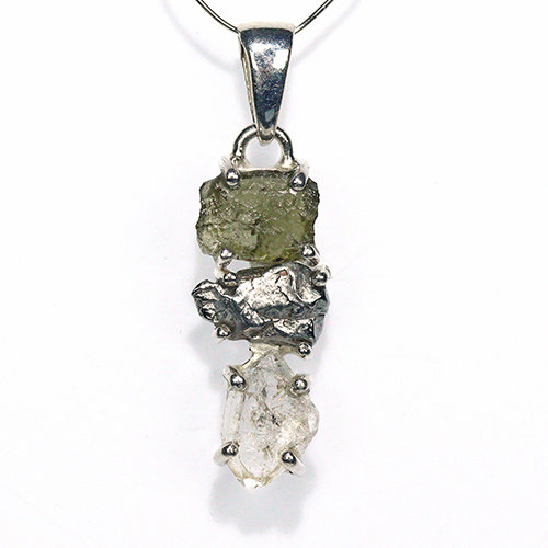〔J367-15〕天然モルダバイト 鉄隕石 ハーキマーダイヤモンド sv925 ペンダントトップ meteorite