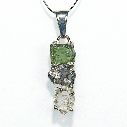 〔J367-2〕天然モルダバイト 鉄隕石 ハーキマーダイヤモンド sv925 ペンダントトップ meteorite