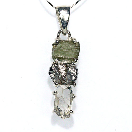 〔J367-25〕天然モルダバイト 鉄隕石 ハーキマーダイヤモンド sv925 ペンダントトップ meteorite