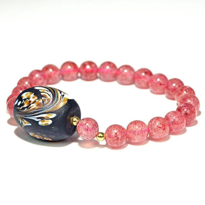 〔K2043〕約7mm ストロベリークォーツ＆瑠璃ガラス鳳凰 苺水晶 Strawberry quartz ブレスレット