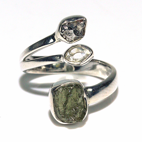 〔R469-18〕天然モルダバイト 鉄隕石 ハーキマーダイヤモンド sv925 リング 指輪 サイズフリー meteorite