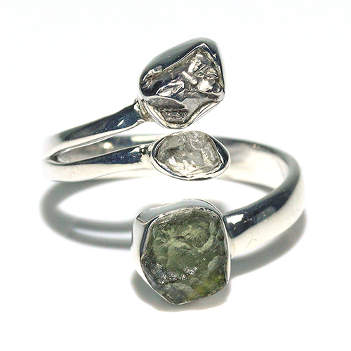 〔R469-2〕天然モルダバイト 鉄隕石 ハーキマーダイヤモンド sv925 リング 指輪 サイズフリー meteorite