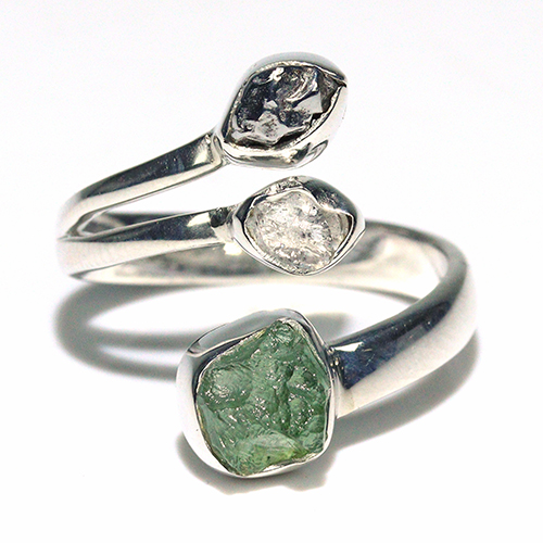 〔R469-20〕天然モルダバイト 鉄隕石 ハーキマーダイヤモンド sv925 リング 指輪 サイズフリー meteorite