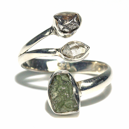 〔R469-22〕天然モルダバイト 鉄隕石 ハーキマーダイヤモンド sv925 リング 指輪 サイズフリー meteorite