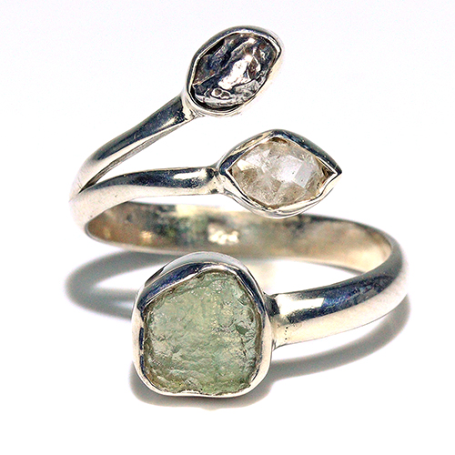 〔R469-25〕天然モルダバイト 鉄隕石 ハーキマーダイヤモンド sv925 リング 指輪 サイズフリー meteorite