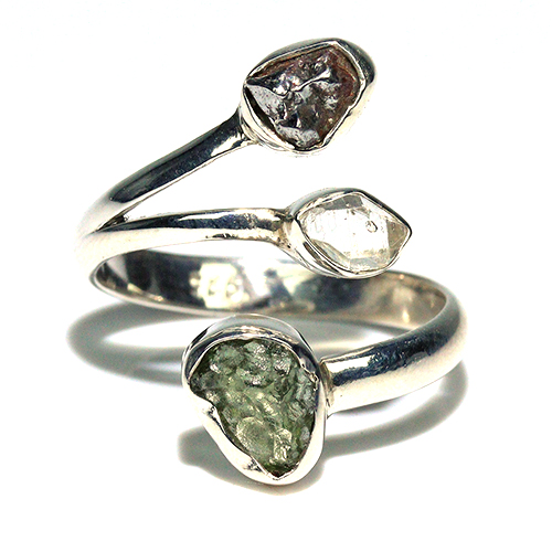 〔R469-27〕天然モルダバイト 鉄隕石 ハーキマーダイヤモンド sv925 リング 指輪 サイズフリー meteorite