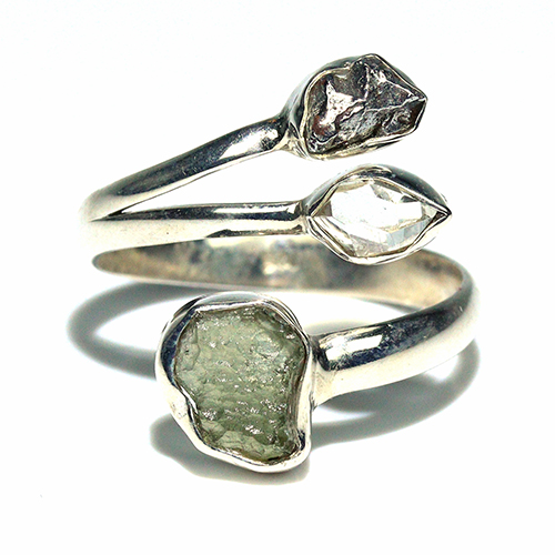 〔R469-7〕天然モルダバイト 鉄隕石 ハーキマーダイヤモンド sv925 リング 指輪 サイズフリー meteorite