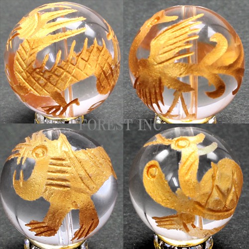 〔RYC27-16m〕約16mm天然水晶 金彫り 四神獣  ビーズ(青龍・朱雀・白虎・玄武)4個セット【粒売り】