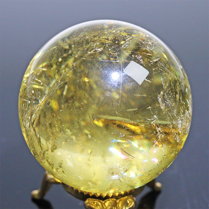 〔D471-47〕高品質 約45mm シトリン虹入り スフィア Citrine 丸玉  黄水晶 置物 風水 ヘコミあり【メール便不可】
