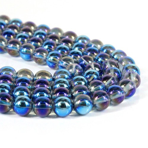 〔GR40-6m〕約6mm アクアオーラガラス ビーズ 一連 Aqua Aura Glass Beads 蒼虹光沢