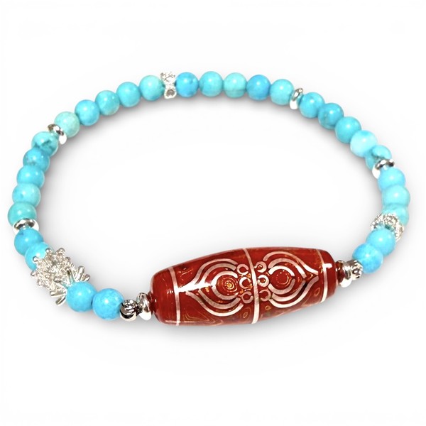 〔K2060-2〕銀線金剛杵大漆オパール天珠&湖北ブルーターコイズ デザインブレスレット中国伝統漆芸