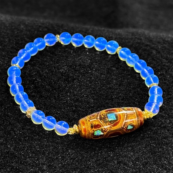 〔K2060-3〕亀甲長寿大漆オパール天珠&ブルーアンバー デザインブレスレット中国伝統漆芸「長寿」「繁栄」「安定」