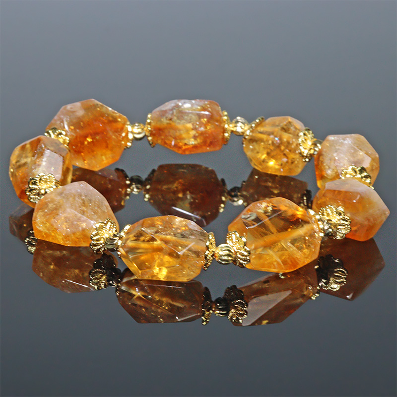 〔K2064〕高品質 カットシトリン ブレスレット Citrine Quartz 黄水晶 金運、財運アップ【ランダム発送】