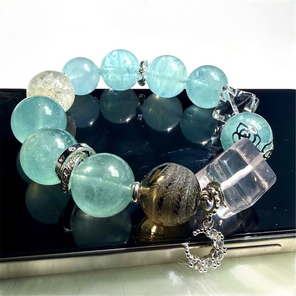 〔K2076〕大玉16mm グリーンアクアマリン デザインブレスレット 朱雀彫り