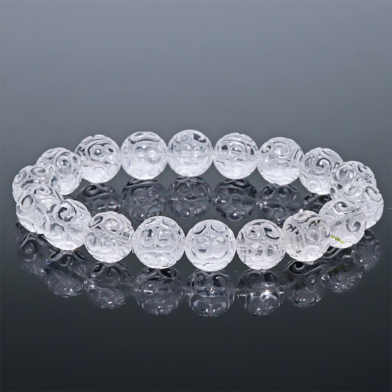 〔K2097〕ヒマラヤ天然水晶 回紋彫刻 風水デザイン 回紋珠 パワーストーン 守護と循環の象徴ブレスレット