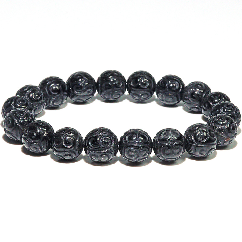 〔K2098〕ブラジル ブラックトルマリン 回紋彫刻 風水デザイン 回紋珠 パワーストーン 守護と循環の象徴ブレスレット