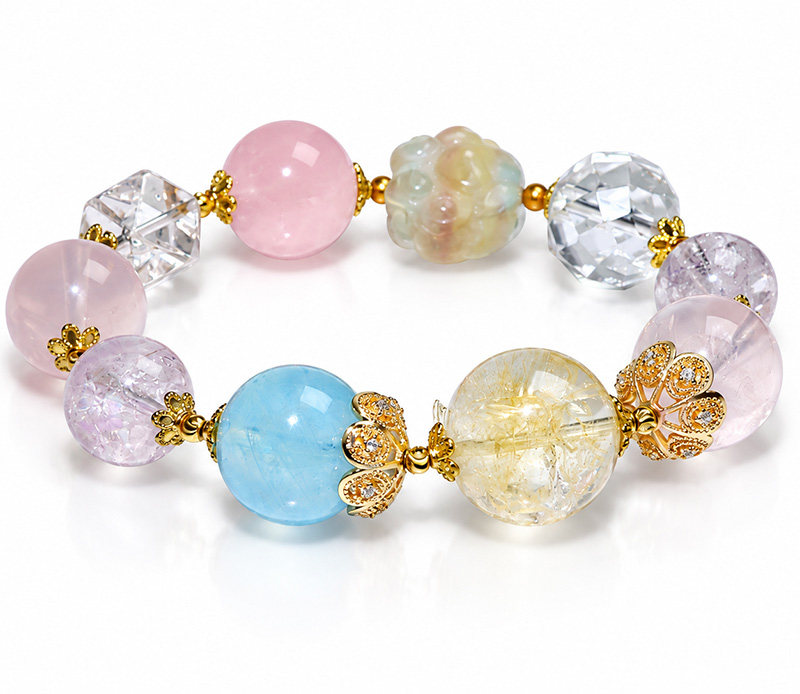 〔K2278〕【華やかパステル】シトリン×アクアマリン×ローズクォーツ デザイナーズブレスレット