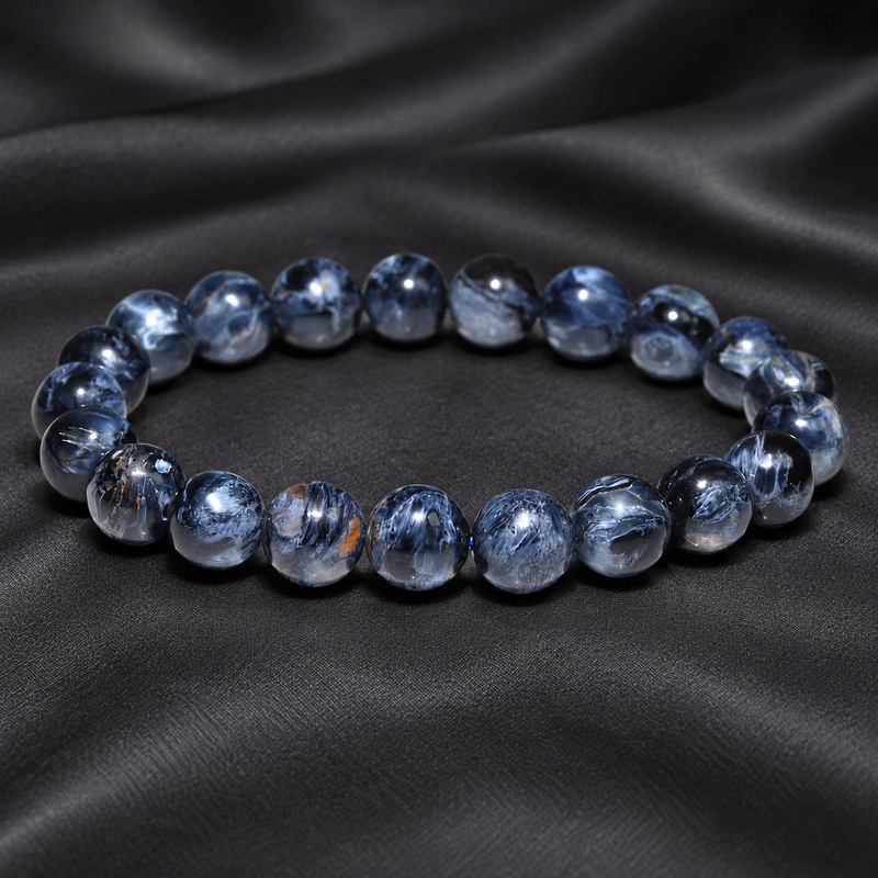 〔K2319-2〕約9.3mm 深い藍色と流れる模様 ブルーピーターサイト Blue Pietersite ナミビア産 角閃石 丸玉ブレスレット