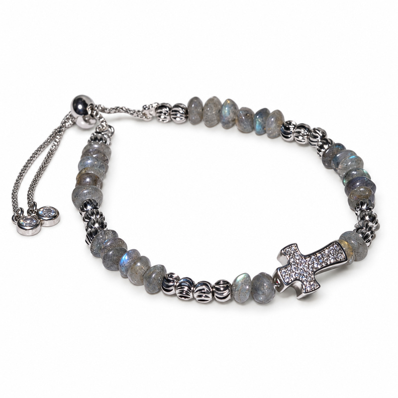 〔K2324-1〕3A ラブラドライト Labradorite 曹灰長石 ボタンカット クロスモチーフ デザインブレスレット