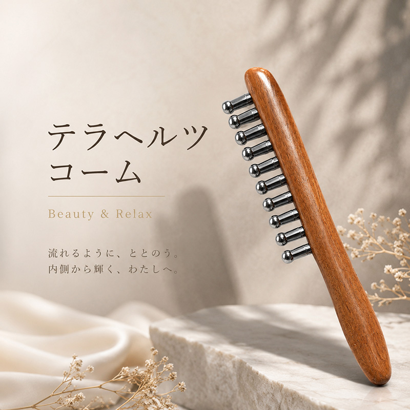 〔O46〕天然木ハンドル テラヘルツ リラックスコーム 頭皮ケアコーム