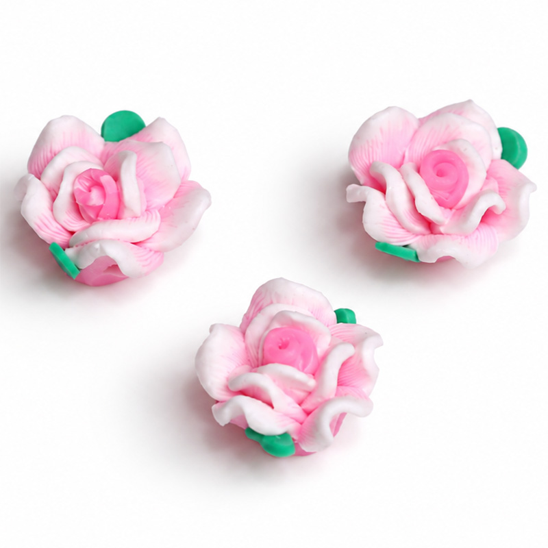 〔Z160-4〕10個入り ローズフラワービーズ 横穴タイプ ピンク×ホワイト アクセサリーパーツ 薔薇モチーフ