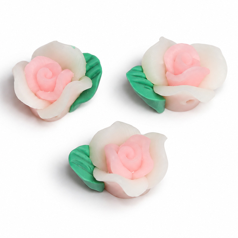 〔Z160-5〕10個入り ローズフラワービーズ 横穴タイプ ピンク×ホワイト アクセサリーパーツ 薔薇モチーフ